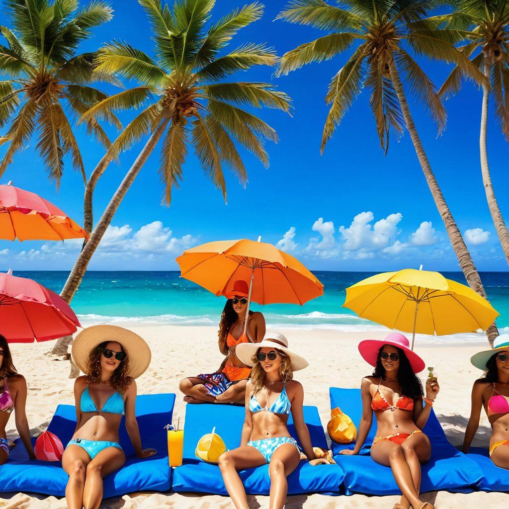 A vibrant beach scene featuring a diverse group of stylish women wearing trendy bikinis, lounging under bright umbrellas, and enjoying tropical cocktails. The sunlight sparkles on the waves, with palm trees swaying gently in the background. Include colorful beach accessories like hats and beach bags to emphasize summer vibes. super-realistic. vibrant colors. sunny atmosphere.